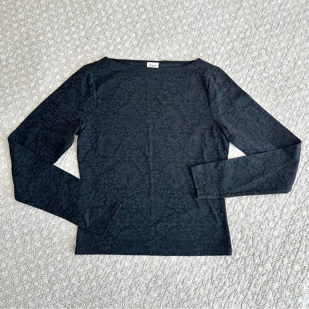 Abercrombie & Fitch Black Lace Long Sleeve Stretch Tee Boat Neck Top Size S